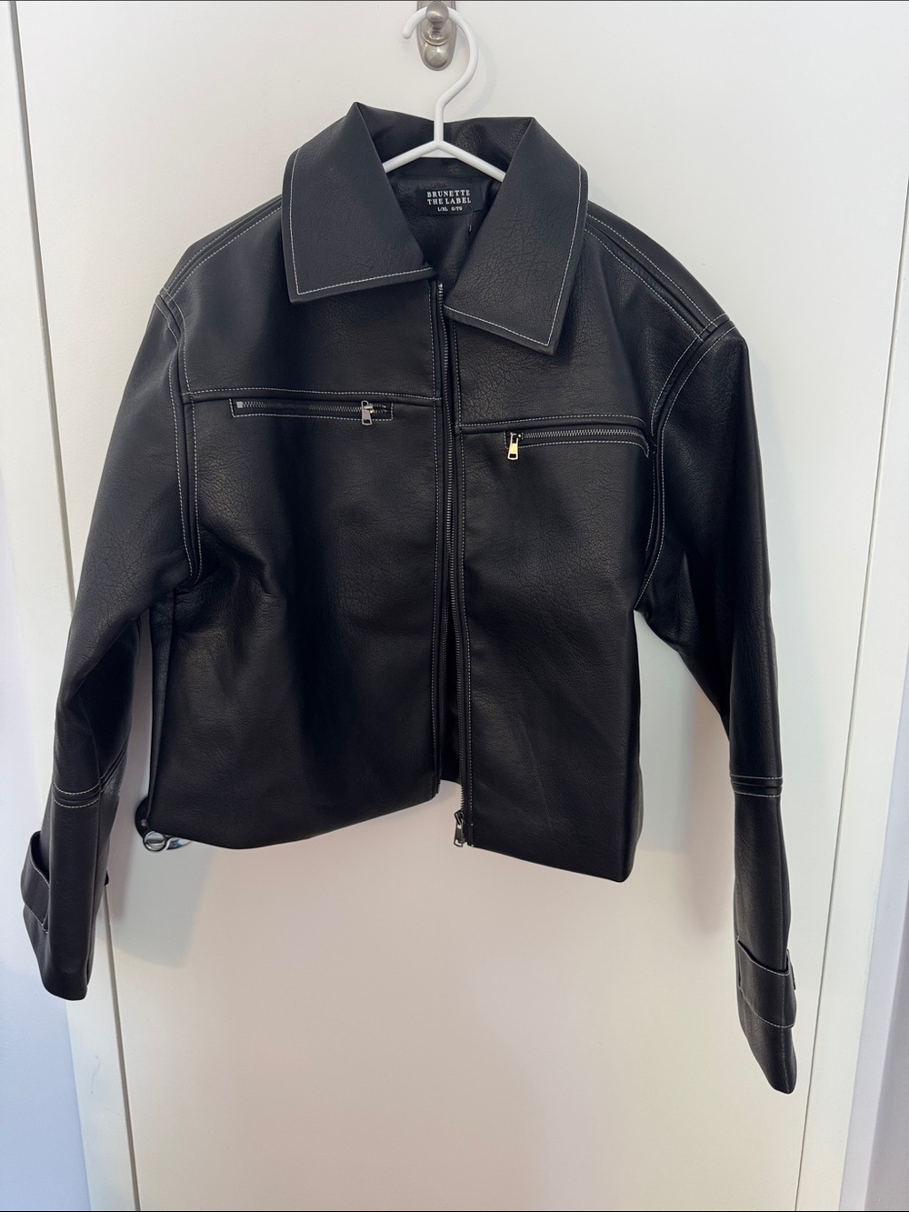 Brunette The Label Black Leather Zip Jacket with Contrast Stitching